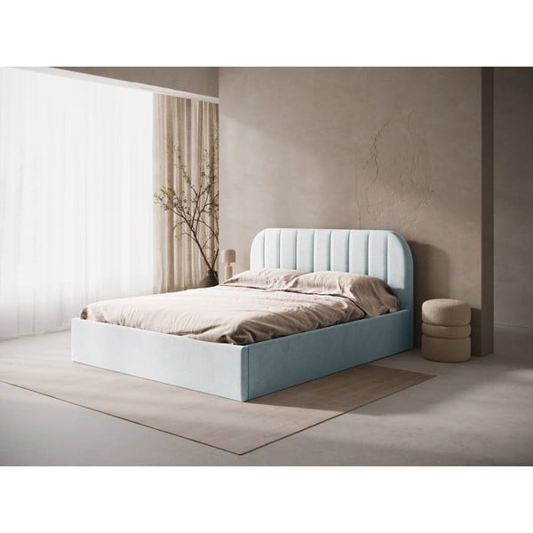 Šviesiai pilkos spalvos dvigulė lova audiniu dengta su sandėliavimo vieta/be galvūgalio su lovos grotelėmis 200x200 cm Susan – Micadoni -image-1