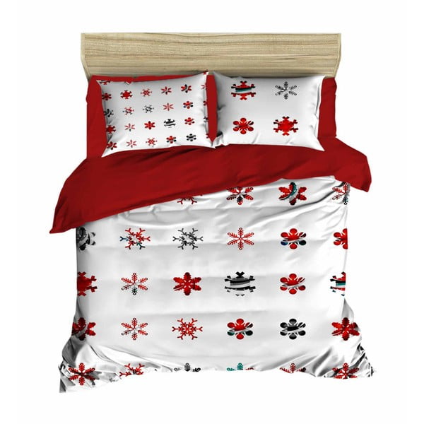 Dvigulės lovos patalynės ir paklodžių rinkinys "Kalėdinės snaigės", raudonas, 200 x 220 cm