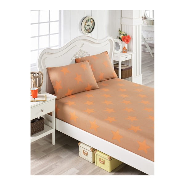 Oranžinės spalvos paklodžių ir 2 užvalkalų komplektas dvigulei lovai Stars Lusno, 160 x 200 cm
