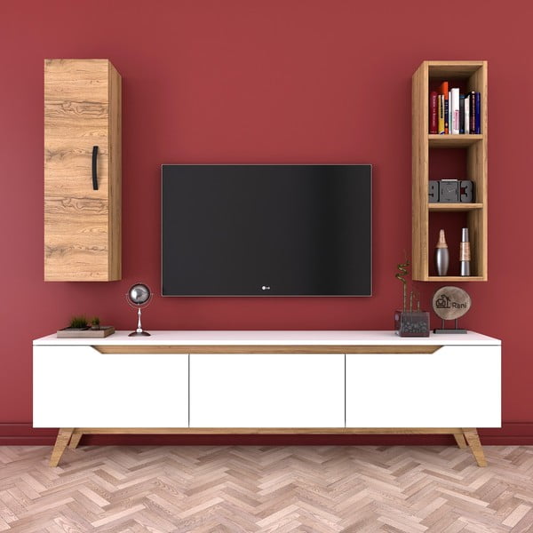 Balto televizoriaus staliuko, sieninės lentynos ir spintelės iš riešutmedžio komplektas Wren