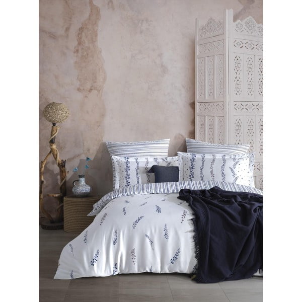 Baltos spalvos/mėlynos spalvos iš satino medvilnės dvigulė/itin ilga patalynė 240x220 cm Marseille Floral – Mila Home Luxury