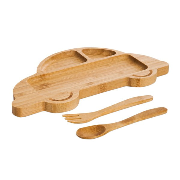 Automobilio formos vaikiškų lėkščių ir stalo įrankių rinkinys iš bambuko medienos "Bambum