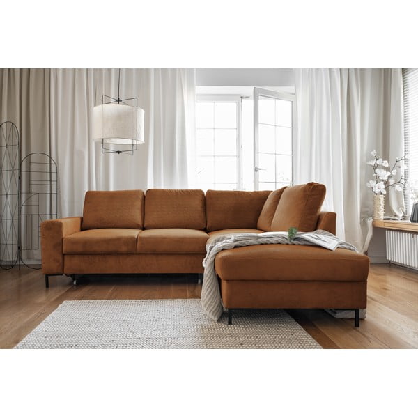 Iš kordinio velveto sulankstoma kampinė sofa oranžinės spalvos/rudos spalvos (su dešiniuoju kampu) Lofty Lilly – Miuform-image-4
