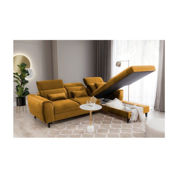 Geltonos spalvos iš velveto sulankstoma/su sandėliavimo vieta kampinė sofa (su dešiniuoju kampu/su gultu) Foble – ELTAP-image-4