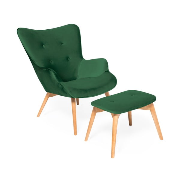 Smaragdinės žalios spalvos fotelis ir kojų pakojis su natūraliu "Vivonita Cora Velvet" pagrindu