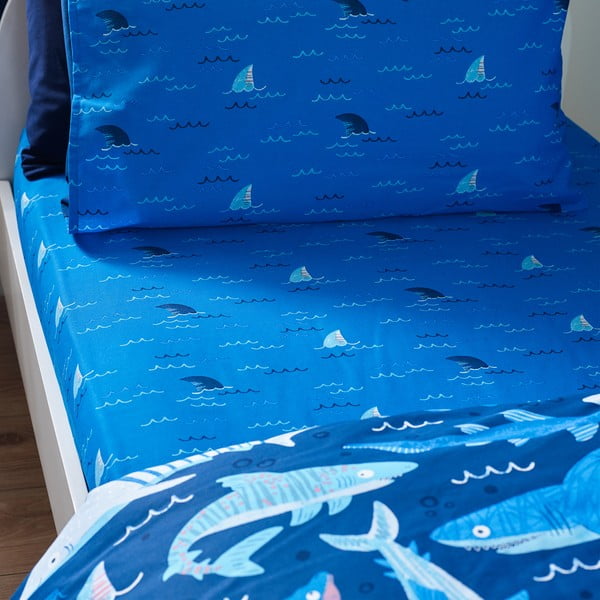 Mėlynos spalvos viengulė vaikų patalynė su guma 90x190 cm Jawsome Shark – Catherine Lansfield-image-1