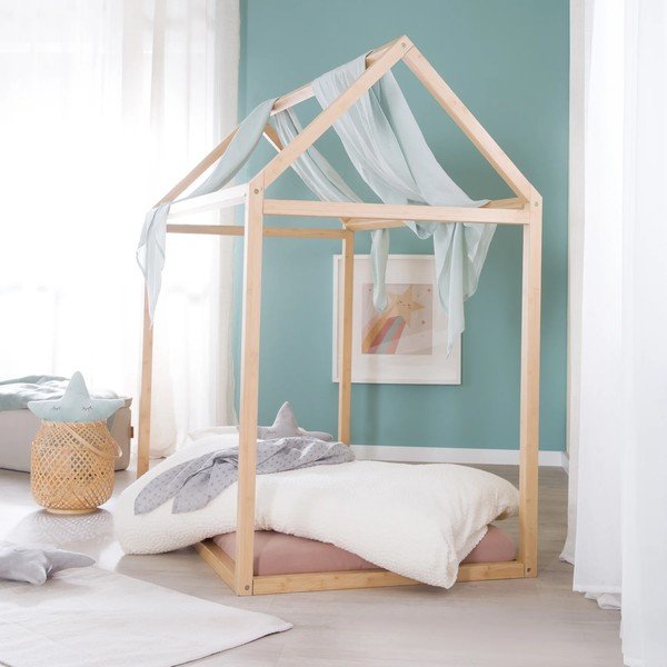 Natūralios spalvos naminė iš bambuko vaikiška lova su čiužiniu /be grotelių 70x140 cm House Bed – Roba-image-2