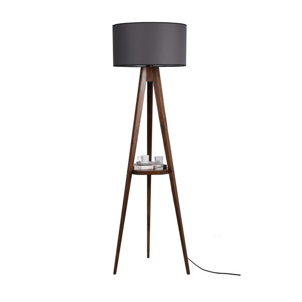 Juodos spalvos/rudos spalvos pastatomas šviestuvas su lentyna (aukštis 154 cm) su tekstiliniu gaubtu Sehbali Tripod – Opviq lights