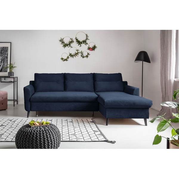 Tamsiai mėlyna aksominė kampinė sofa Miuform Stylish Tent, dešinysis kampas-image-1