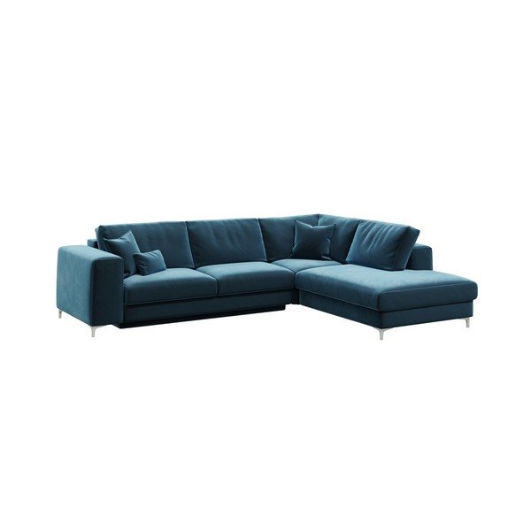 Tamsiai mėlyna aksominė kampinė sofa-lova Devichy Rothe, dešinysis kampas-image-2