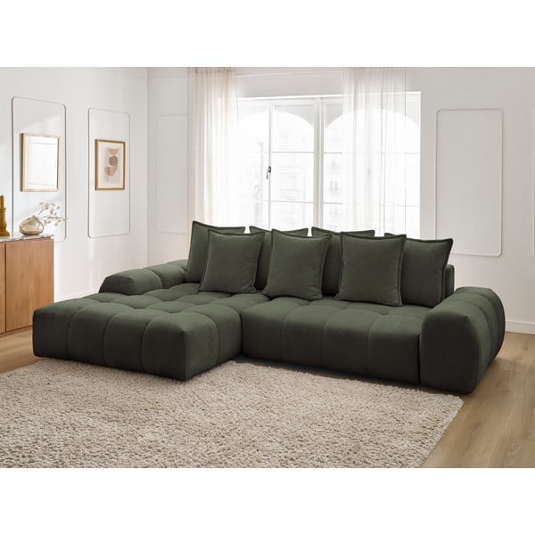 Žalios spalvos iš šenilinio audinio sulankstoma/su sandėliavimo vieta kampinė sofa (su kairiuoju kampu/su gultu) Everest – Bobochic Paris-image-1