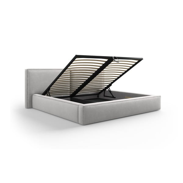 Dvigulė lova šviesiai pilkos spalvos audiniu dengta su sandėliavimo vieta su lovos grotelėmis 200x200 cm Arendal – Cosmopolitan Design-image-3