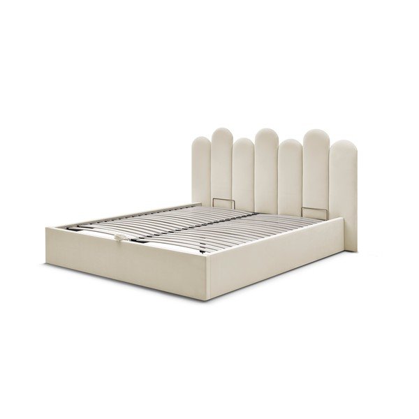 Dvigulė lova smėlio spalvos audiniu dengta su sandėliavimo vieta su lovos grotelėmis 160x200 cm Badja – Bobochic Paris