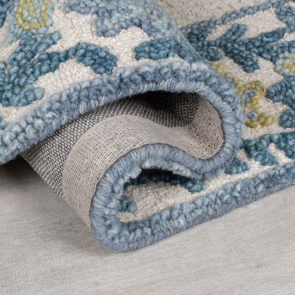 Rankų darbo mėlynos spalvos/dramblio kaulo spalvos iš vilnos mišinio kilimas 120x170 cm Myla Floral Frame – Flair Rugs-image-3