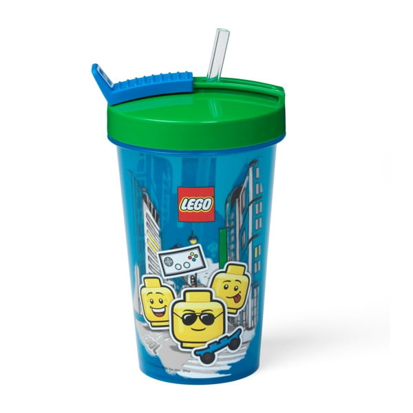 Mėlynas puodelis su žaliu dangteliu ir šiaudeliu LEGO® Iconic, 500 ml