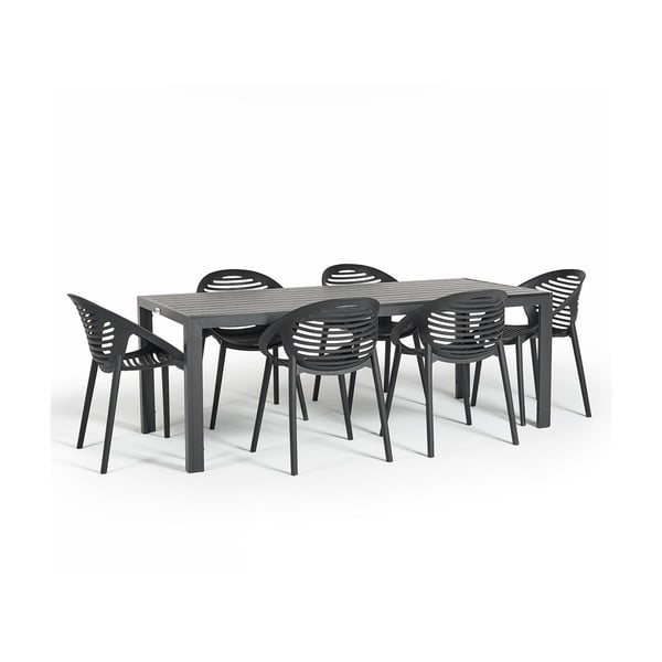 Sodo valgomojo baldų komplektas 6 asmenims su juoda kėde Joanna ir stalu Viking, 90 x 205 cm