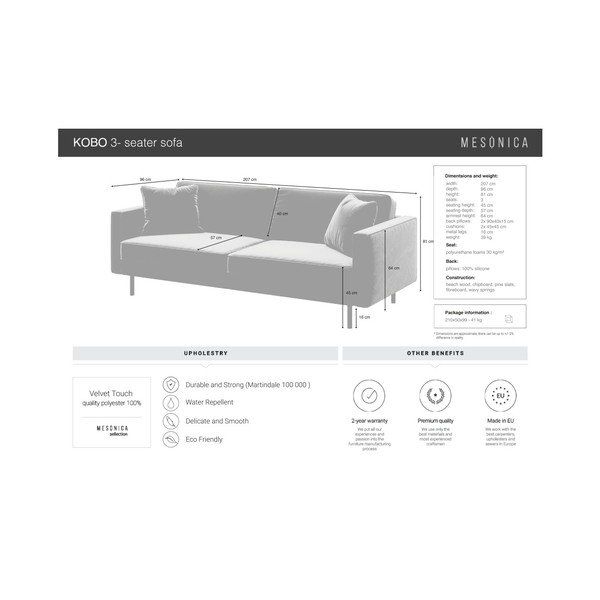 Sofa mėlynos spalvos iš velveto 207 cm Kobo – MESONICA-image-4