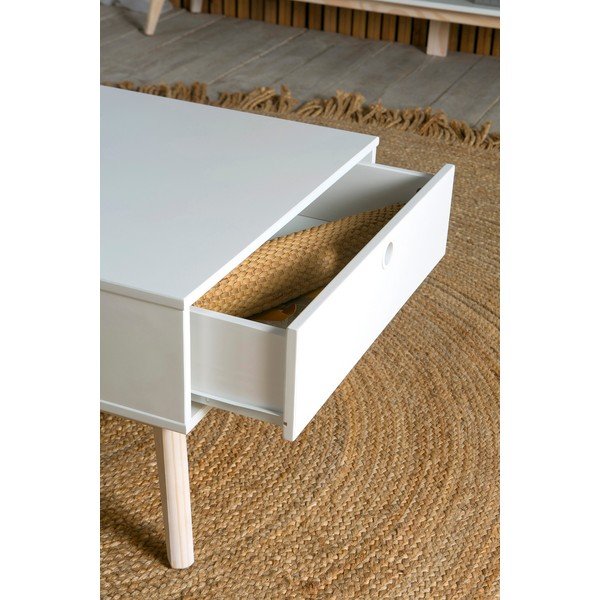 Baltas žurnalinis staliukas su 2 stalčiais ir pušies medienos kojomis Marckeric Kiara-image-1