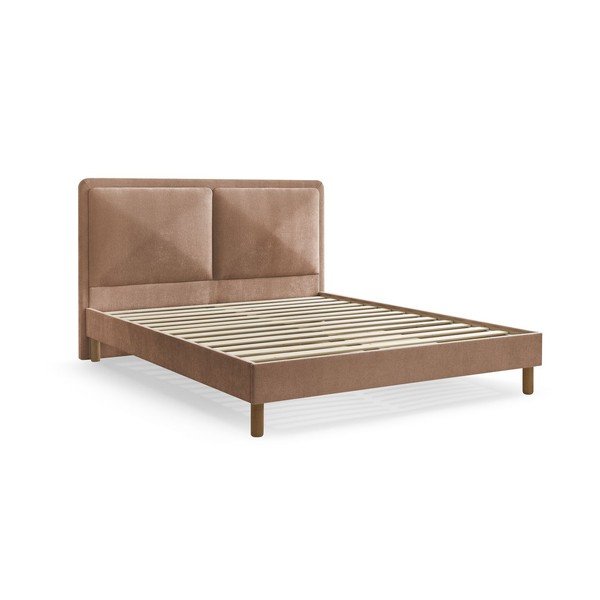 Pilkai rožinės spalvos iš audinio dvigulė lova audiniu dengta su lovos grotelėmis 140x190 cm Mara – Bobochic Paris