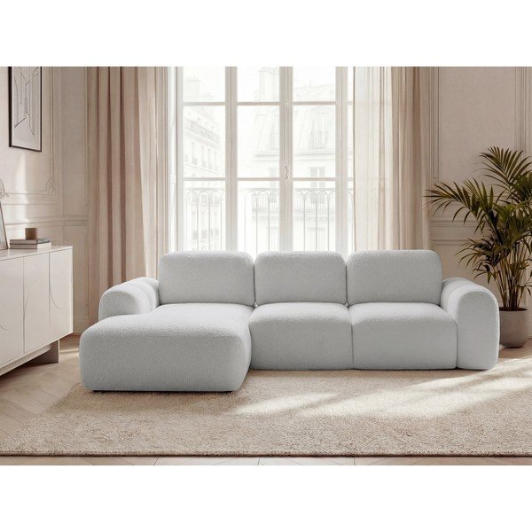 Šviesiai pilkos spalvos sulankstoma/su sandėliavimo vieta kampinė sofa iš boucle (su kairiuoju kampu/su gultu) Montaigne – Bobochic Paris-image-4