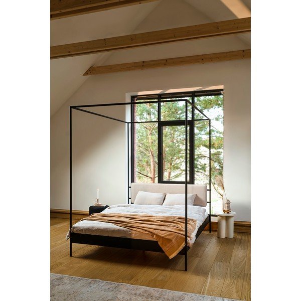 Juodos spalvos/smėlio spalvos iš plieno dvigulė lova audiniu dengta su baldakimu su lovos grotelėmis 140x200 cm Eton – noo.ma-image-1