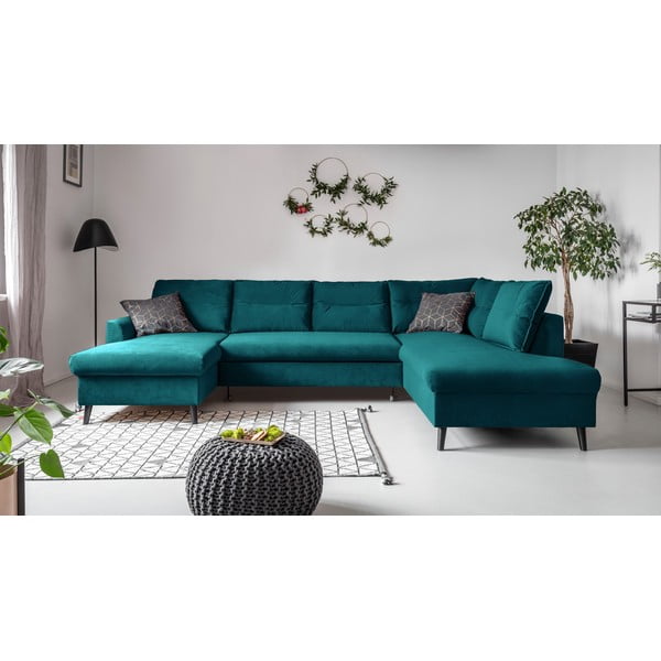 Turkio spalvos aksominė U formos sofa-lova Miuform Stylish Tent, dešinysis kampas-image-1