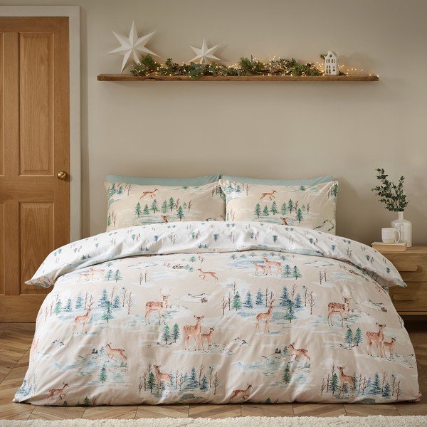 Natūralios spalvos iš flanelės viengulė patalynė 135x200 cm Brushed Christmas Deer – Catherine Lansfield-image-2