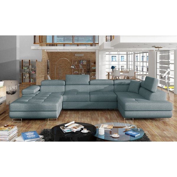 Šviesiai mėlynos spalvos sulankstoma/su sandėliavimo vieta kampinė sofa (su dešiniuoju kampu/„U“ formos) Rodrigo – ELTAP-image-1