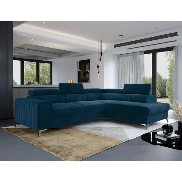 Mėlynos spalvos iš velveto sulankstoma/su sandėliavimo vieta kampinė sofa (su dešiniuoju kampu/„L“ formos) Laurence – ELTAP-image-4