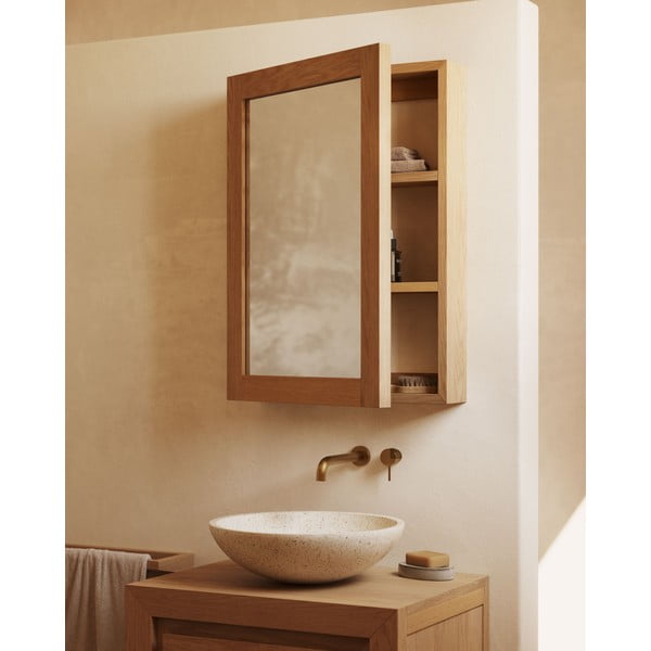 Pakabinama/su veidrodžiu vonios daiktadėžė natūralios spalvos iš tikmedžio masyvo 50x70 cm Plubia – Kave Home-image-1