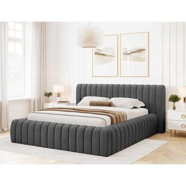Tamsiai pilkos spalvos dvigulė lova dengta audiniu su sandėliavimo vieta su lovos grotelėmis 160x200 cm Carilla – ELTAP-image-1