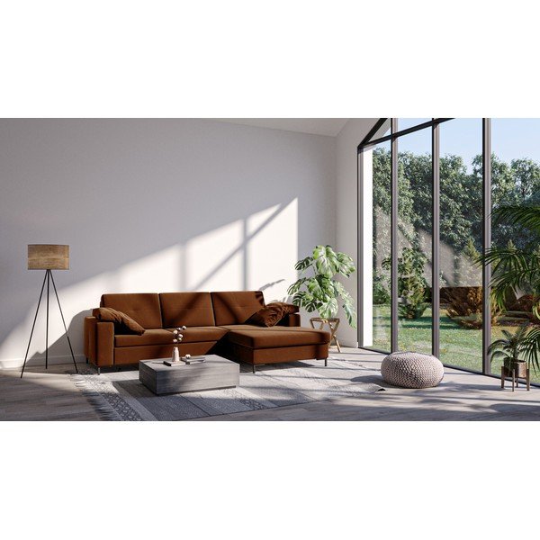 Tamsiai oranžinės spalvos aksominė kampinė sofa-lova Ghado Moor, dešinysis kampas-image-3