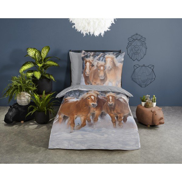 Pilkos spalvos iš flanelės viengulė vaikiška patalynė 140x200 cm Happy Horses – Good Morning-image-1