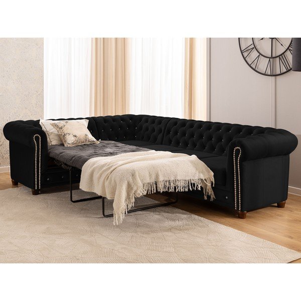 Juodos spalvos sulankstoma kampinė sofa iš velveto (su kairiuoju kampu/„L“ formos) York Blik – Ropez-image-1