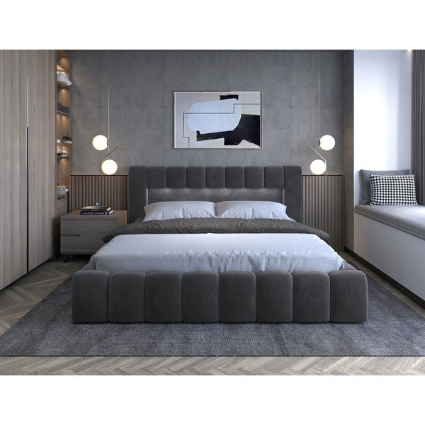 Pilkos spalvos dvigulė lova dengta audiniu su sandėliavimo vieta su lovos grotelėmis 160x200 cm Lamica – ELTAP-image-2