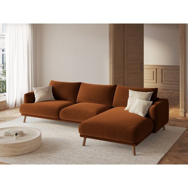 Terakotos spalvos kampinė sofa iš velveto (su dešiniuoju kampu/su gultu) Naomi – Micadoni -image-1