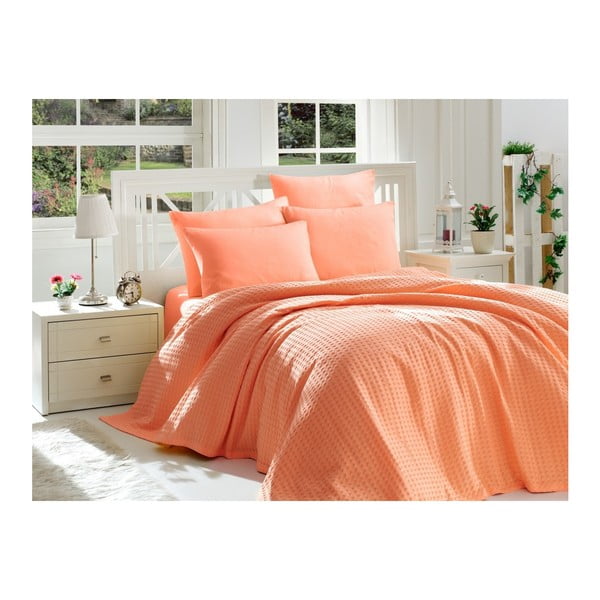 Oranžinis medvilninės patalynės komplektas dvivietei lovai, 220 x 240 cm