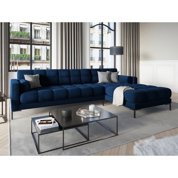 Tamsiai mėlyna aksominė kampinė sofa Cosmopolitan Design Bali, dešinysis kampas-image-1