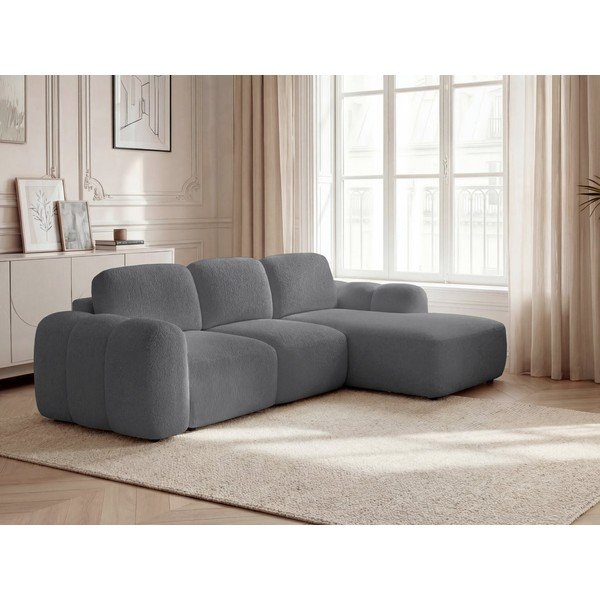 Pilkos spalvos sulankstoma/su sandėliavimo vieta kampinė sofa iš boucle (su dešiniuoju kampu/su gultu) Montaigne – Bobochic Paris-image-1