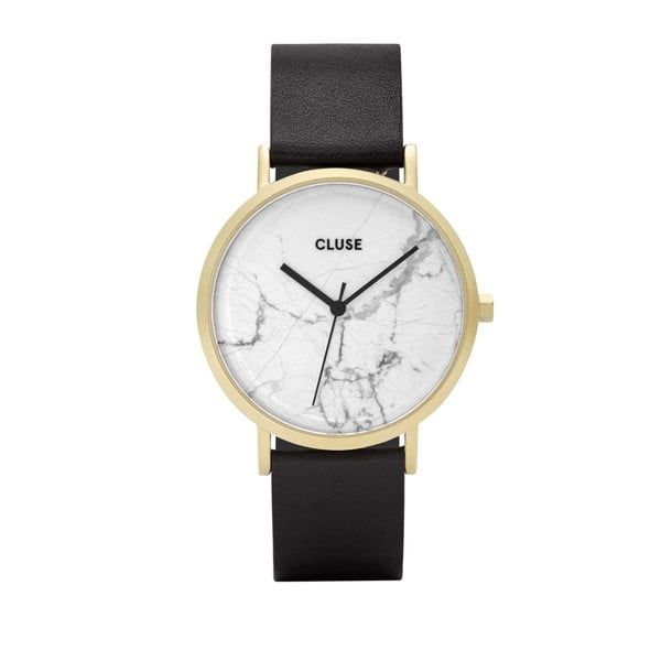 Moteriškas laikrodis su juodu odiniu dirželiu ir baltu marmuriniu ciferblatu Cluse La Roche Star