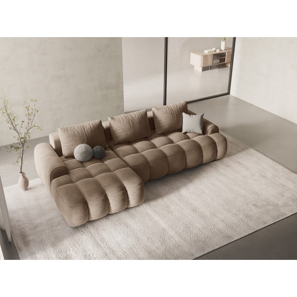 Šviesiai rudos spalvos iš velveto sulankstoma/su sandėliavimo vieta kampinė sofa (su kairiuoju kampu/su gultu) Linz – Cosmopolitan Design-image-1