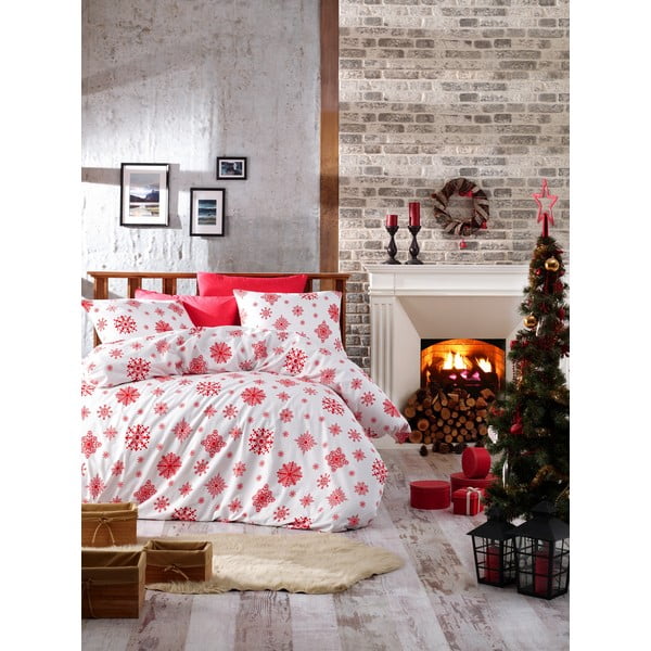 Viengulės lovos patalynė su paklode iš ranforce medvilnės Nazenin Home Sniego raudona, 140 x 200 cm
