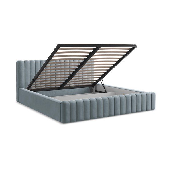 Šviesiai mėlynos spalvos dvigulė lova audiniu dengta su sandėliavimo vieta su lovos grotelėmis 160x200 cm Lemi – Makamii-image-3