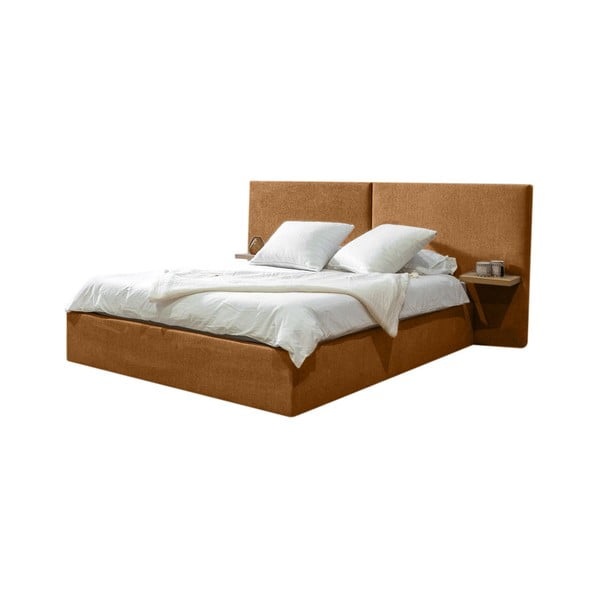 Dvigulė lova ochros spalvos audiniu dengta su sandėliavimo vieta su lovos grotelėmis 160x200 cm Blandine – Bobochic Paris
