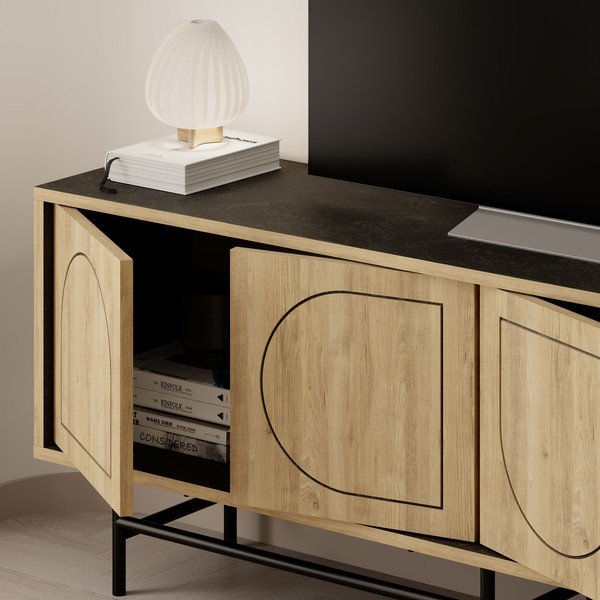 TV spintelė juodos spalvos/natūralios spalvos iš ąžuolo 149,5x56,5 cm Giana – Marckeric-image-4