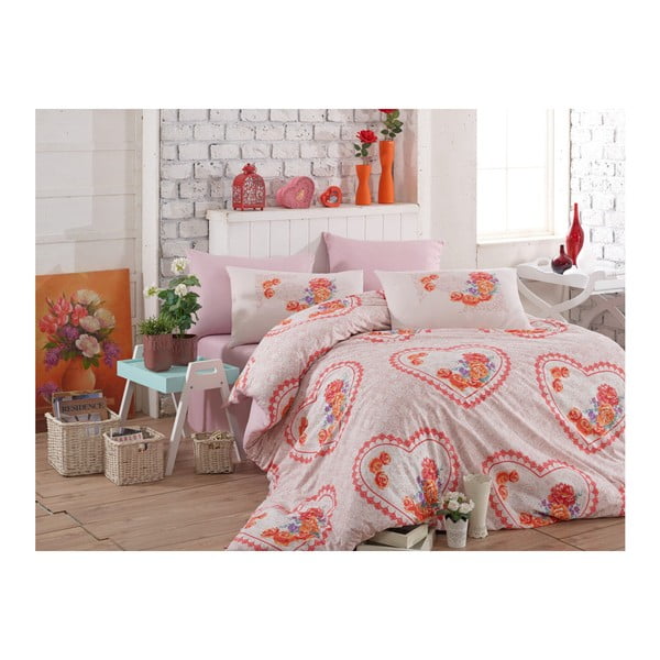 Medvilninė patalynė su paklode dvivietei lovai Lovely Pink, 200 x 220 cm