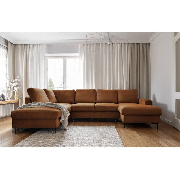 Iš kordinio velveto sulankstoma kampinė sofa oranžinės spalvos/rudos spalvos (su kairiuoju kampu) Lofty Lilly – Miuform-image-1