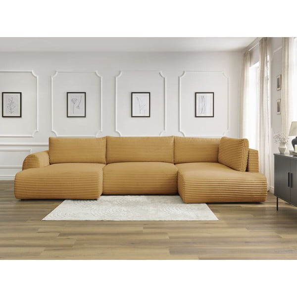 Garstyčių spalvos sulankstoma/su sandėliavimo vieta kampinė sofa iš kordinio velveto (su dešiniuoju kampu/„U“ formos) Lucien – Bobochic Paris-image-1