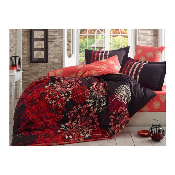 Raudona medvilninė satino patalynė su paklode dvigulei lovai "Fiorella", 200 x 220 cm