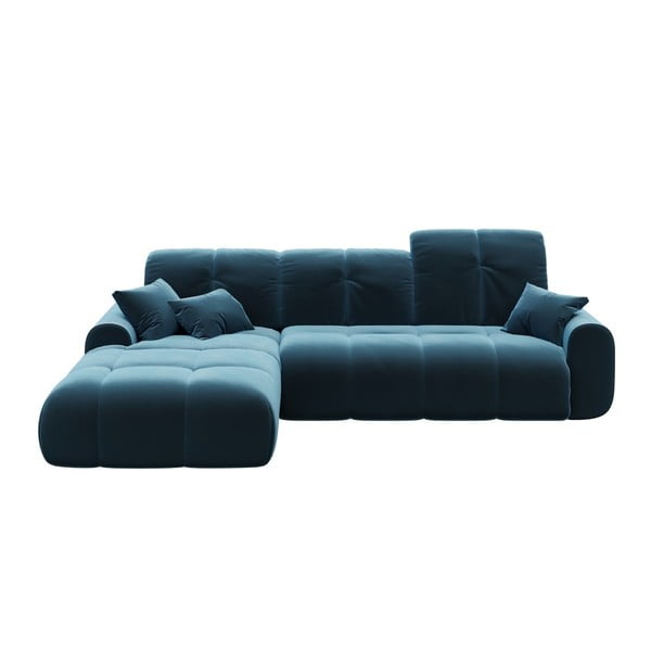 Tamsiai mėlyna aksominė kampinė sofa-lova Devichy Tous, kairysis kampas